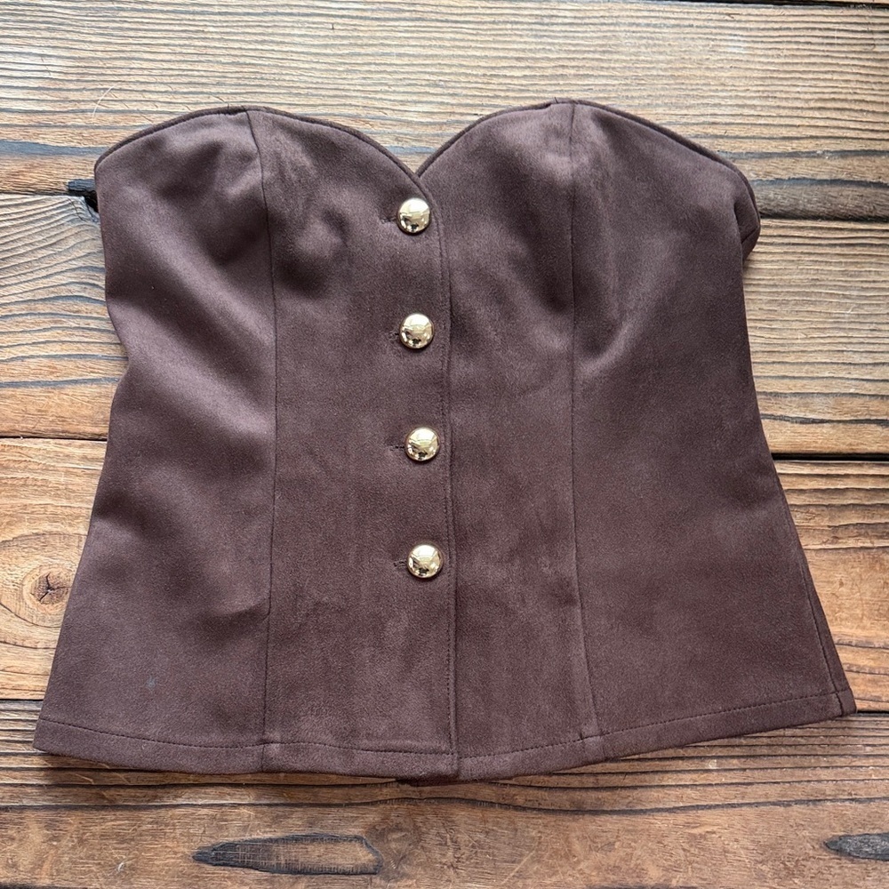 Sincerely Jules Brown Strapless Corset Top with Gold Buttons